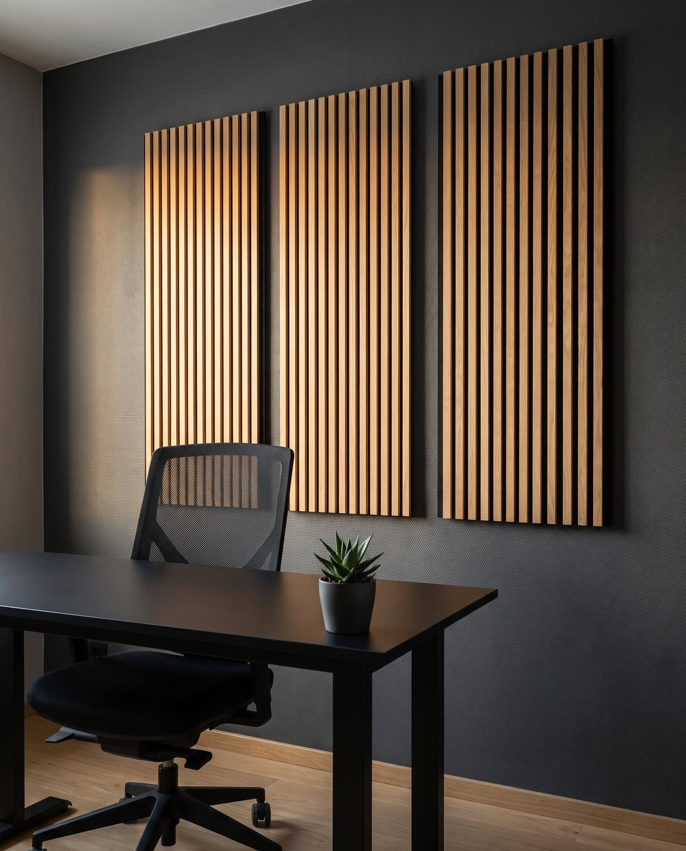 Trois panneaux Stealth côte à côte derrière un bureau noir et une chaise en maille