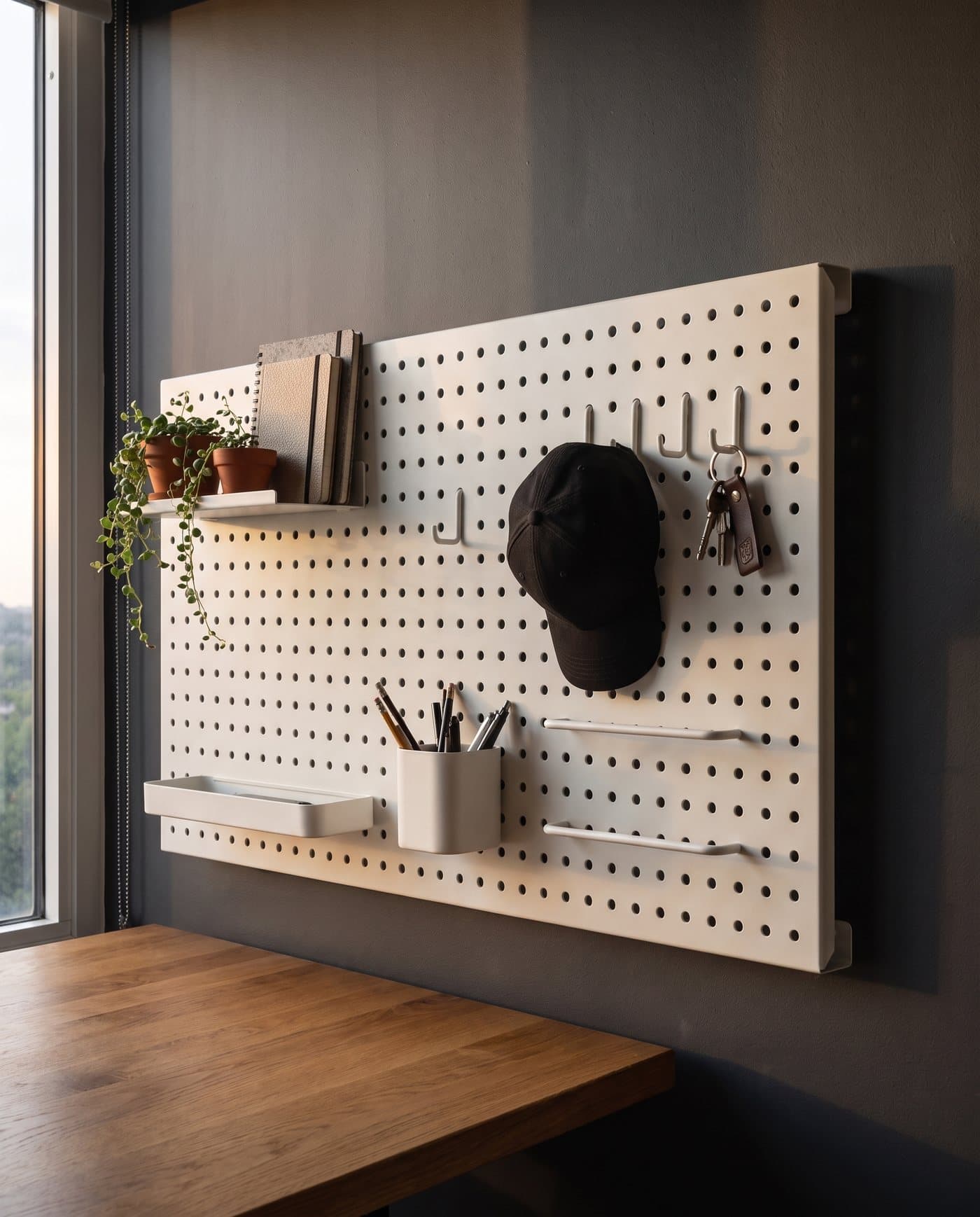 Le pegboard Loadout au-dessus d'un bureau en chêne, avec des plantes, des carnets et une casquette