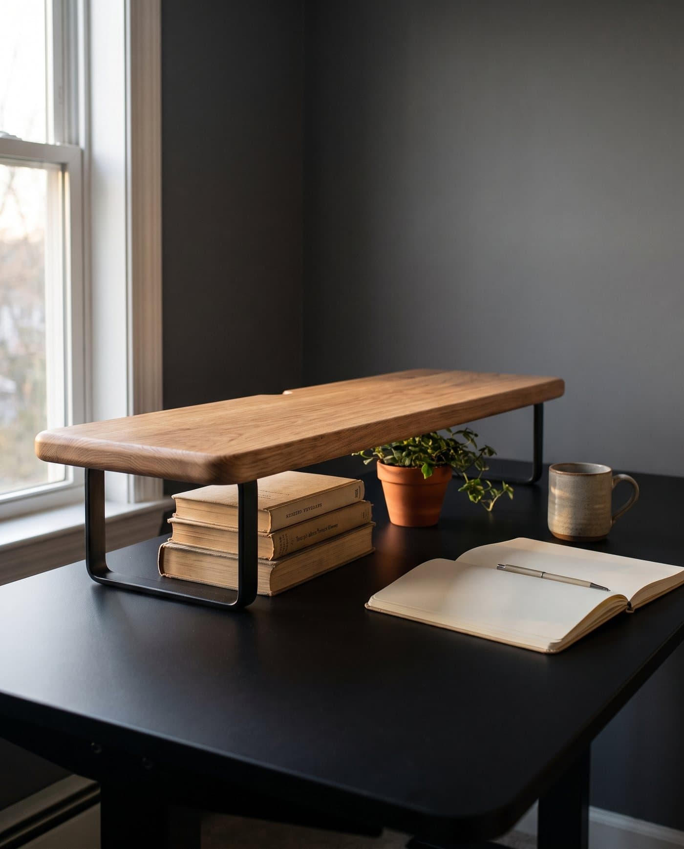 La rehausse Hub sur un bureau noir, des livres et une plante rangés dessous, un carnet ouvert à côté