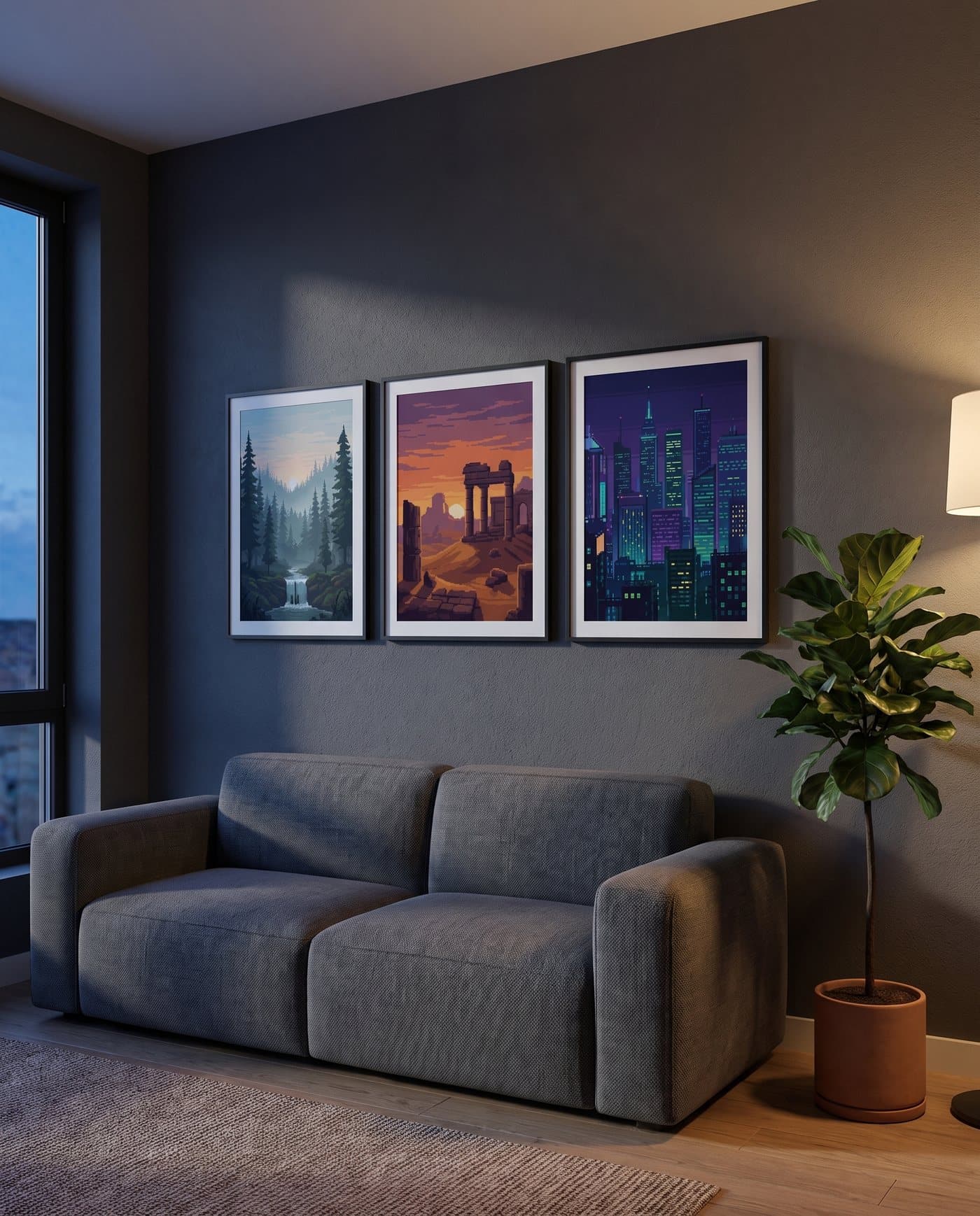 Le triptyque Overworld accroché au-dessus d'un canapé gris graphite