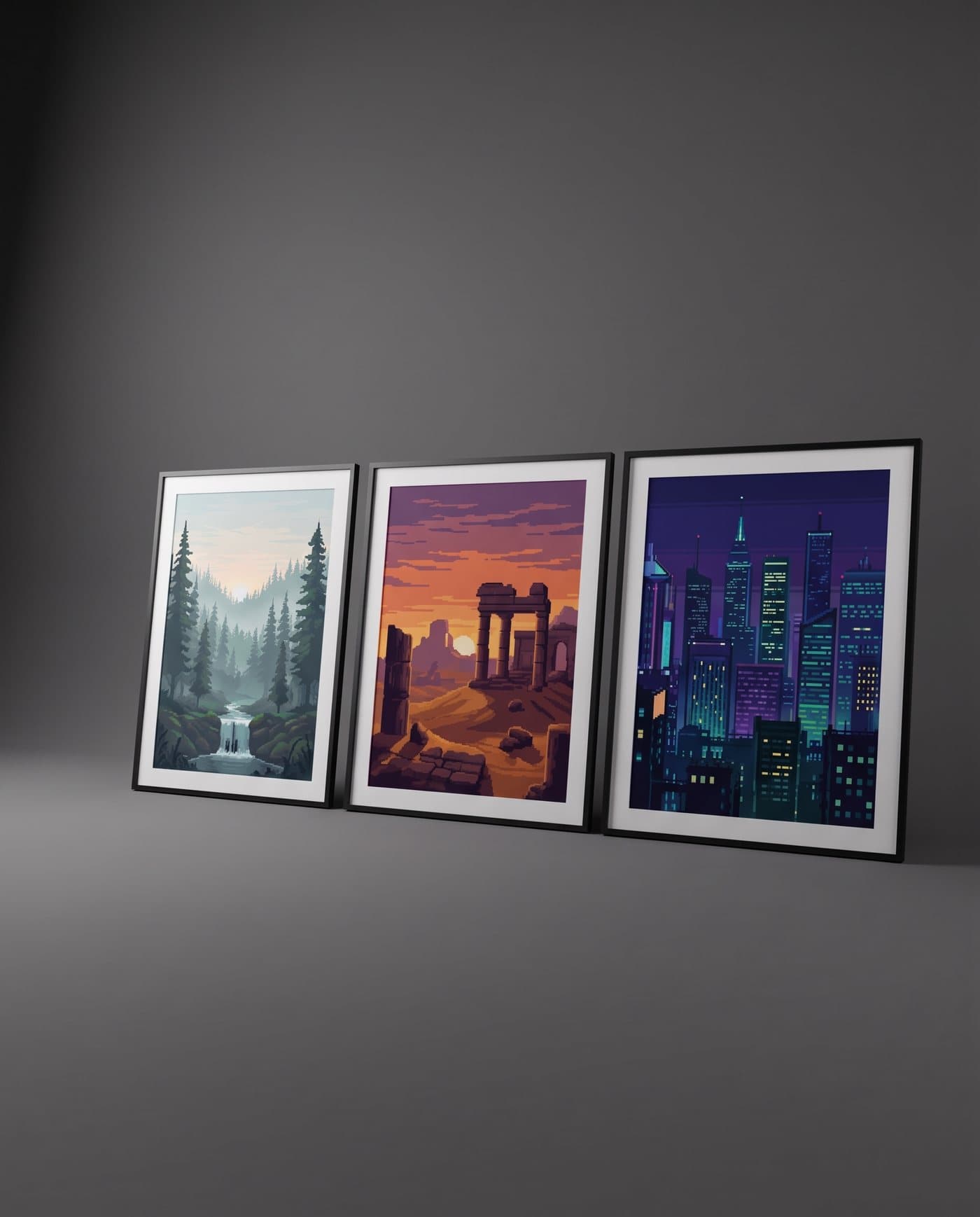 Trois affiches pixel art encadrées en noir : forêt de pins, ruines dans le désert et ville de nuit, posées contre un fond anthracite